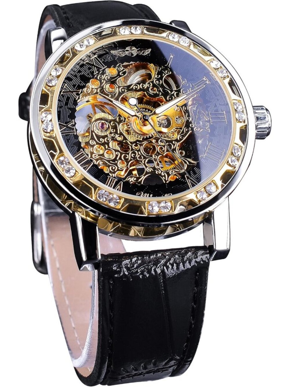 Vintage-Inspired Mechanical Skeleton Watch with Diamond Accents & Floral Design